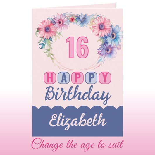 Happy 16th Verjaardag naam floral roze Kaart