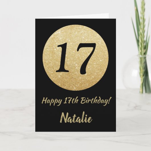 Happy 17h Birthday Black en Gold Glitter Card Kaart (Voorkant)