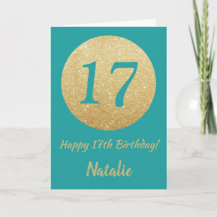 Happy 17h Verjaardag Blauwgroen en Gouden Glitter  Kaart