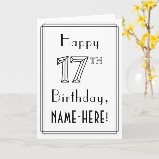 Happy 17th Birthday, Art Deco Style met aangepaste Kaart (Gele Bloem)