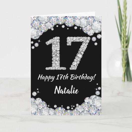 Happy 17th Birthday Black en Silver Glitter Card Kaart (Voorkant)