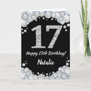 Happy 17th Birthday Black en Silver Glitter Card Kaart