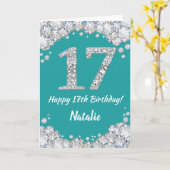 Happy 17th Birthday Blauwgroen en Silver Glitter C Kaart (Gele Bloem)