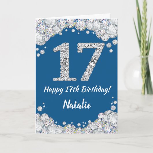 Happy 17th Birthday Blue en Silver Glitter Card Kaart (Voorkant)