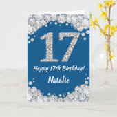 Happy 17th Birthday Blue en Silver Glitter Card Kaart (Gele Bloem)