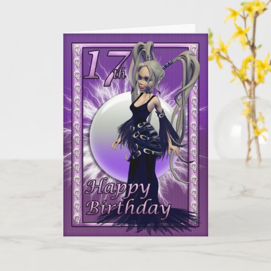 Happy 17th Birthday Gothic Doll Vrouw, Schattige Kaart (Gele Bloem)