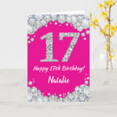 Happy 17th Birthday Hot Pink en Silver Glitter Kaart (Gele Bloem)