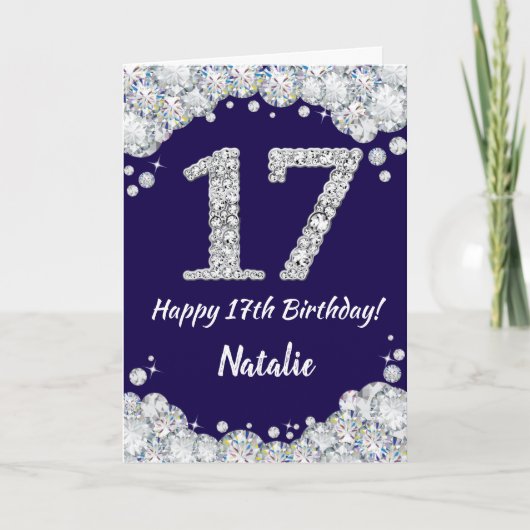 Happy 17th Birthday Navy Blue en Silver Glitter Kaart (Voorkant)