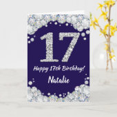 Happy 17th Birthday Navy Blue en Silver Glitter Kaart (Gele Bloem)