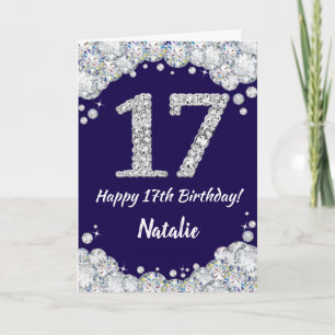 Happy 17th Birthday Navy Blue en Silver Glitter Kaart