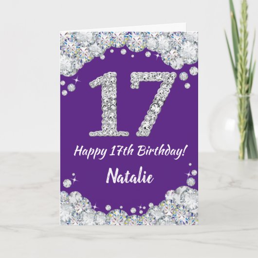 Happy 17th Birthday Paars en Silver Glitter Card Kaart (Voorkant)