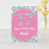 Happy 17th Birthday Pink en Silver Glitter Card Kaart (Gele Bloem)