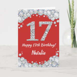 Happy 17th Birthday Red en Silver Glitter Card Kaart