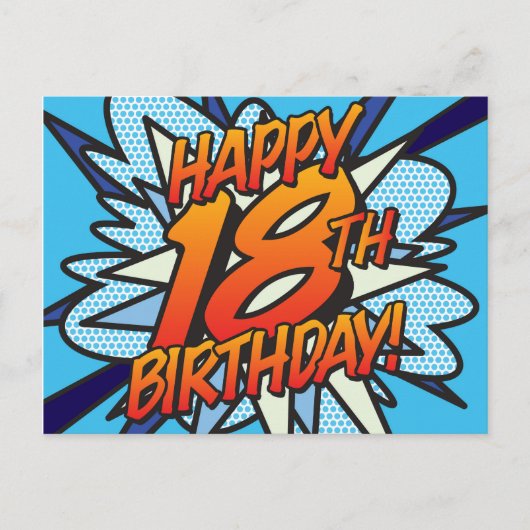 HAPPY 18E BIRTHDAY Comic Book Pop Art Blue Briefkaart (Voorkant)