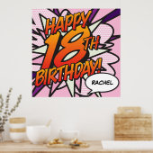 HAPPY 18E BIRTHDAY Comic Book Pop Art roze Poster (Keuken)