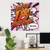HAPPY 18E BIRTHDAY Comic Book Pop Art roze Poster (Thuiskantoor)