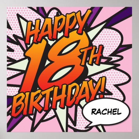 HAPPY 18E BIRTHDAY Comic Book Pop Art roze Poster (Voorkant)