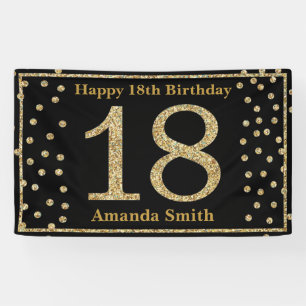 Happy 18th Birthday Banner Black en Gold Glitter