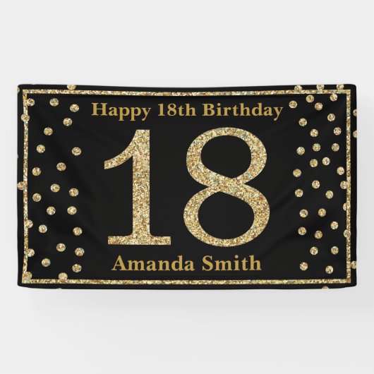 Happy 18th Birthday Banner Black en Gold Glitter (Horizontaal)
