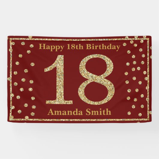 Happy 18th Birthday Banner Burgundy Red Gold (Horizontaal)