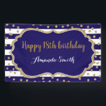 Happy 18th Birthday Banner.Navy Blue Glitter Spandoek<br><div class="desc">Fijne 18e verjaardag banner voor vrouwen of man. Navy Blue en Gold Birthday Party Banner. Glitter Confetti. Zwarte en witte strepen. Afdrukbaar digitaal. Voor verdere aanpassing,  te klikken gelieve de knoop "van de Aanpassing het"en ons ontwerphulpmiddel te gebruiken om deze sjabloon te wijzigen.</div>