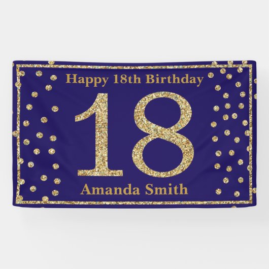 Happy 18th Birthday Banner Navy Blue Gold Glitter (Horizontaal)