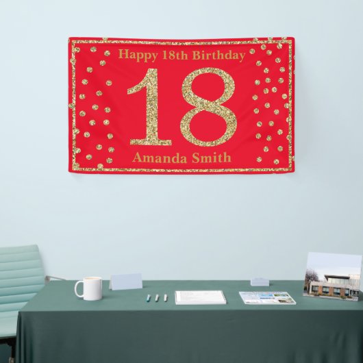 Happy 18th Birthday Banner Red en Gold Glitter (Beurs)