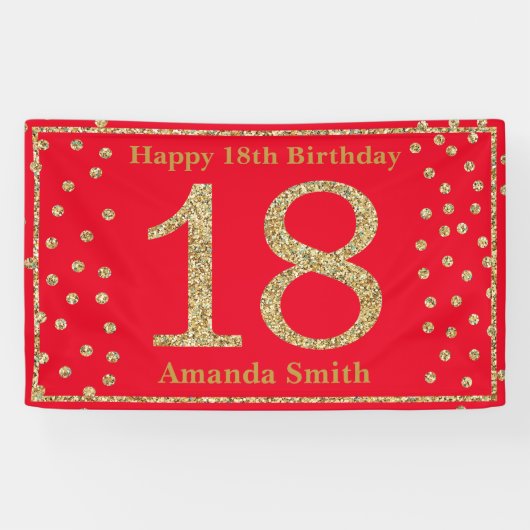 Happy 18th Birthday Banner Red en Gold Glitter (Horizontaal)