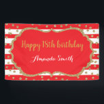 Happy 18th Birthday Banner Red Gold Glitter<br><div class="desc">Fijne 18e verjaardag banner voor vrouwen of man. Rood en goudfeest feestdag. Glitter Confetti. Zwarte en witte strepen. Afdrukbaar digitaal. Voor verdere aanpassing,  te klikken gelieve de knoop "van de Aanpassing het"en ons ontwerphulpmiddel te gebruiken om deze sjabloon te wijzigen.</div>