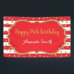 Happy 18th Birthday Banner Red Gold Glitter<br><div class="desc">Fijne 18e verjaardag banner voor vrouwen of man. Rood en goudfeest feestdag. Glitter Confetti. Zwarte en witte strepen. Afdrukbaar digitaal. Voor verdere aanpassing,  te klikken gelieve de knoop "van de Aanpassing het"en ons ontwerphulpmiddel te gebruiken om deze sjabloon te wijzigen.</div>
