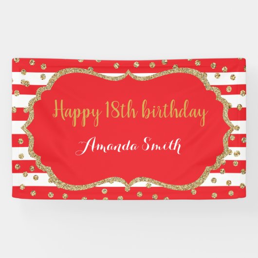 Happy 18th Birthday Banner Red Gold Glitter (Horizontaal)