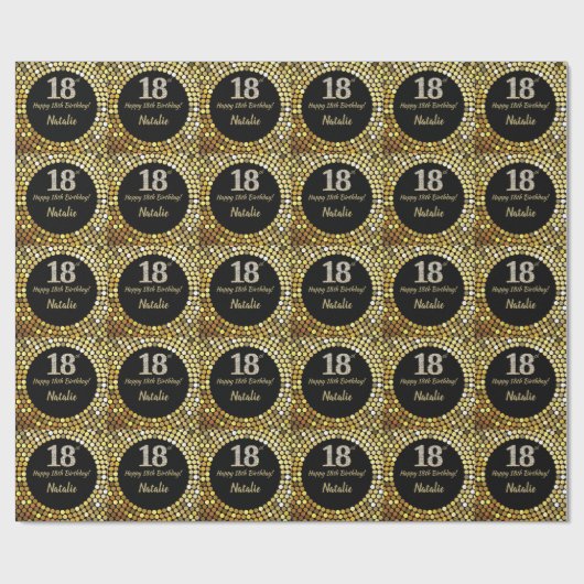 Happy 18th Birthday Black en Gold Glitter Cadeaupapier (Vlak)