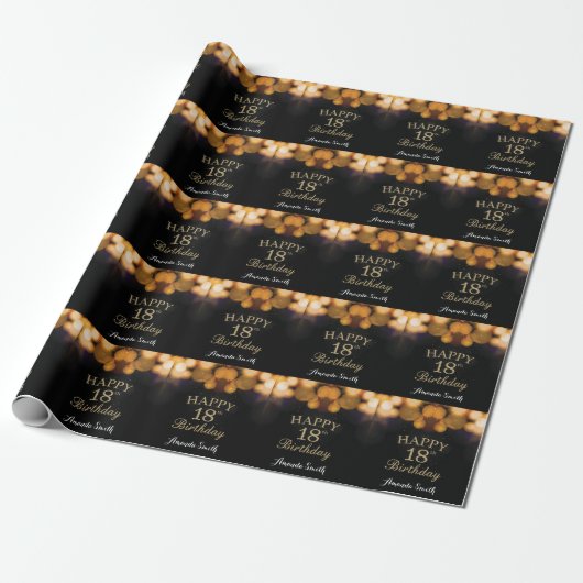 Happy 18th Birthday Black en Gold Glitter Cadeaupapier (Uitgerold)