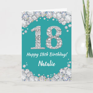 Happy 18th Birthday Blauwgroen en Silver Glitter C Kaart