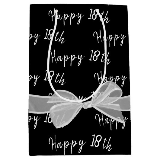 Happy 18th Birthday Bow op Black Medium Gift Bag Medium Cadeauzakje (Voorkant)