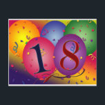 Happy 18th Birthday! Briefkaart<br><div class="desc">Big colorful balloons with confetti and rainbow colored background with 18 in the balloons.  Design for your 18th birthday party favors / mailings.</div>