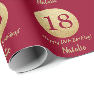Happy 18th Birthday Burgundy Red en Gold Glitter Cadeaupapier