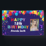Happy 18th Birthday Colorful Balloons Navy Blue Spandoek<br><div class="desc">Fijne 18de verjaardag Colorful Balloons Confetti Navy Blue Photo Banner. Voor verdere aanpassing,  te klikken gelieve de knoop "van de Aanpassing het"en ons ontwerphulpmiddel te gebruiken om deze sjabloon te wijzigen.</div>