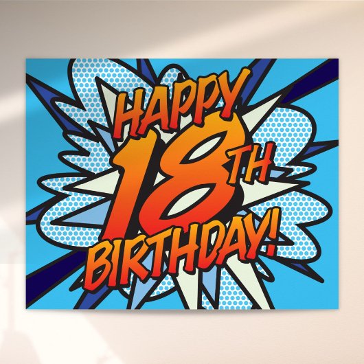 HAPPY 18th BIRTHDAY Comic Book Pop Art blue Poster