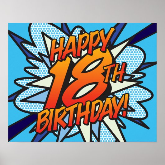 HAPPY 18th BIRTHDAY Comic Book Pop Art blue Poster (Voorkant)