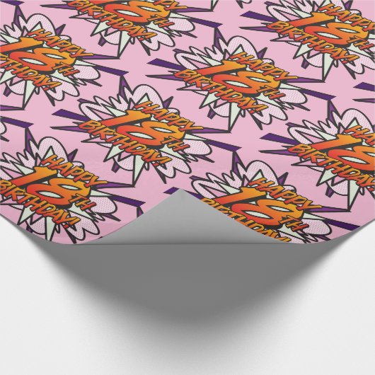 HAPPY 18th BIRTHDAY Comic Book Pop Art roze Cadeaupapier (Hoek)