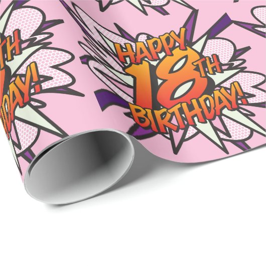 HAPPY 18th BIRTHDAY Comic Book Pop Art roze Cadeaupapier (Rol Hoek)