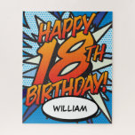 HAPPY 18th BIRTHDAY Fun Retro Comic Book Legpuzzel<br><div class="desc">Geef de naam een persoonlijk tintje en zeg HAPPY 18th BIRTHDAY de pop kunst way en zet de wham, bang, zap in het feest van de grote dag. Een leuke, coole en trendy retro-stripboek pop-geïnspireerde verjaardagskeepaardje dat de grillige, zap, pow in elke herdenkingsgebeurtenis van een superheld zet. Ontworpen door: ComicBookPop©...</div>