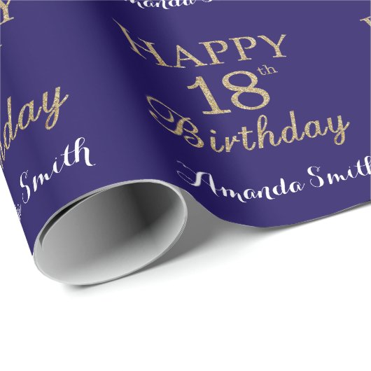 Happy 18th Birthday Gold Glitter en Navy Blue Cadeaupapier (Rol Hoek)