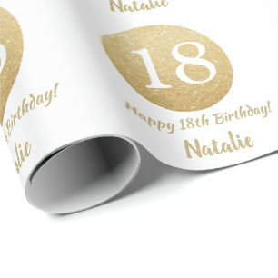 Happy 18th Birthday Gold Glitter en White Cadeaupapier