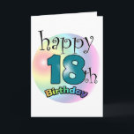 Happy 18th Birthday Kaart<br><div class="desc">Gelukkige 18e verjaardag kaart.  Leuk als cadeau voor iemand die achttien is geworden.  Regenboog kleuren. 18 is in een blauwe kleur. Personaliseren door de naam te veranderen aan de binnenkant.</div>