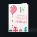 Happy 18th Birthday Kaart<br><div class="desc">Happy 18th Birthday,  vier het leven met ballonnen,  taart en geschenken illustratie,  Leeftijd en tekst kunnen gepersonaliseerd worden</div>