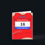 Happy 18th Birthday-kaart voor een runner Kaart<br><div class="desc">Verstuur Birthday naar die speciale runner, ongeacht de afstand die ze afleggen, marathons, halve marathons, 10 mijl, 10 km of 5 km afstand of sprint! Of verander gewoon de berichten voor iemand die zijn favoriete kleur rood is! Het lopende vest met zijn rassenaantal staat voor een waaier van aanpassingsopties toe:...</div>