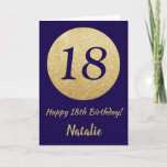 Happy 18th Birthday Navy Blue and Gold Glitter Kaart<br><div class="desc">Fijne 18de verjaardag Navy Blue en Gold Glitter Card met persoonlijke naam.Klik voor verdere aanpassingen op de knop "Aanpassen" en gebruik onze ontwerptool om deze sjabloon te wijzigen.</div>