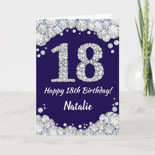 Happy 18th Birthday Navy Blue en Silver Glitter Kaart (Voorkant)
